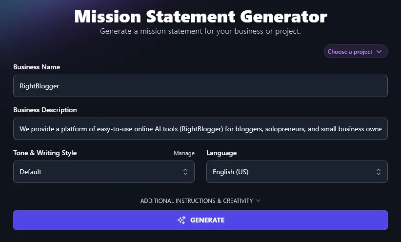Enter Your Business Description Into the AI Mission Statement Generator Tool