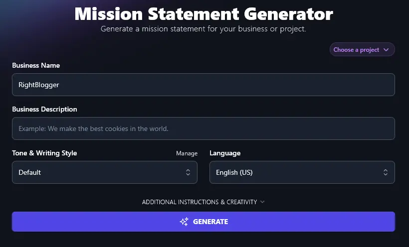 Enter Your Business Name Into the AI Mission Statement Generator Tool