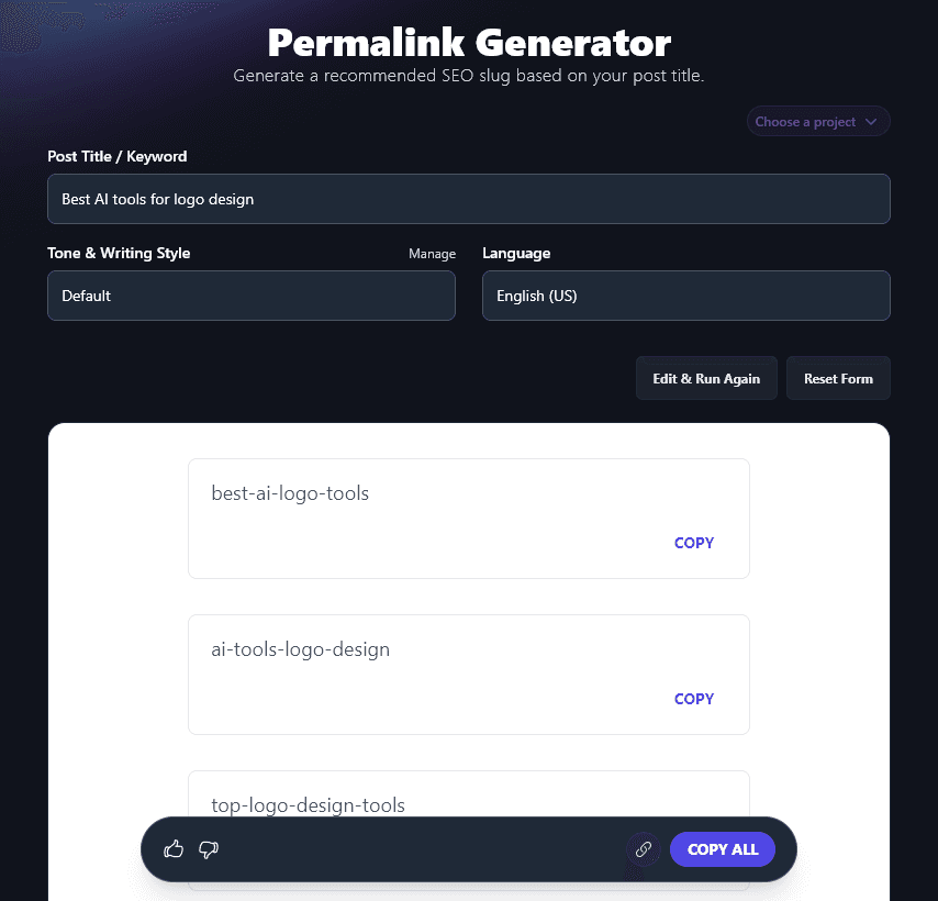 Example AI Outputs from Permalink Tool in RightBlogger to Make New URLs