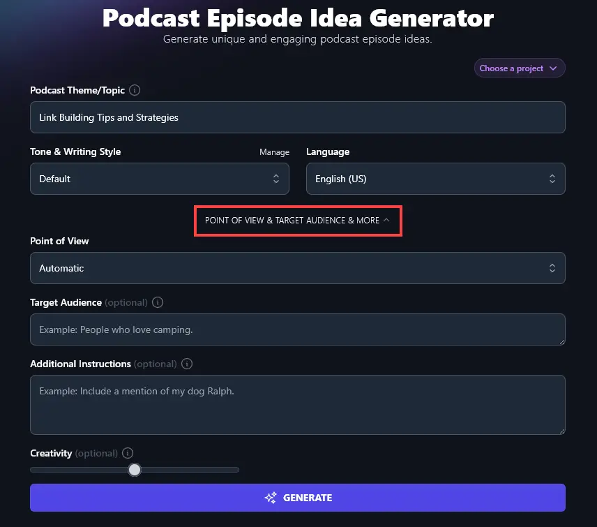Opening Up the Advanced Options for the Podcast Episode Idea Generator