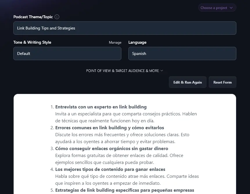 List of Ideas in Spanish, Created by the Podcast Idea Generator Tool