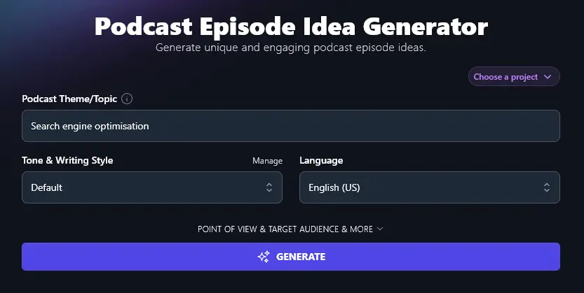 Entering a Theme/Topic Into the Podcast Episode Idea Generator