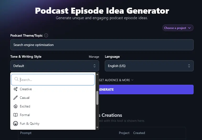 Selecting a Tone & Writing Style in the Podcast Episode Idea Generator