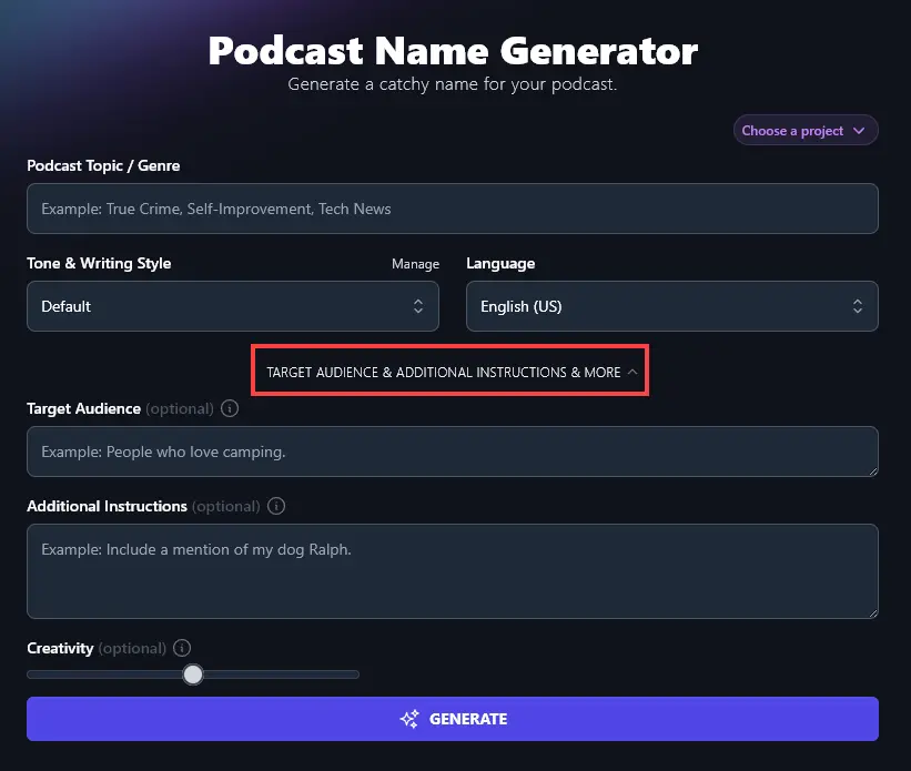 Opening Up the Advanced Options for the Podcast Name Generator