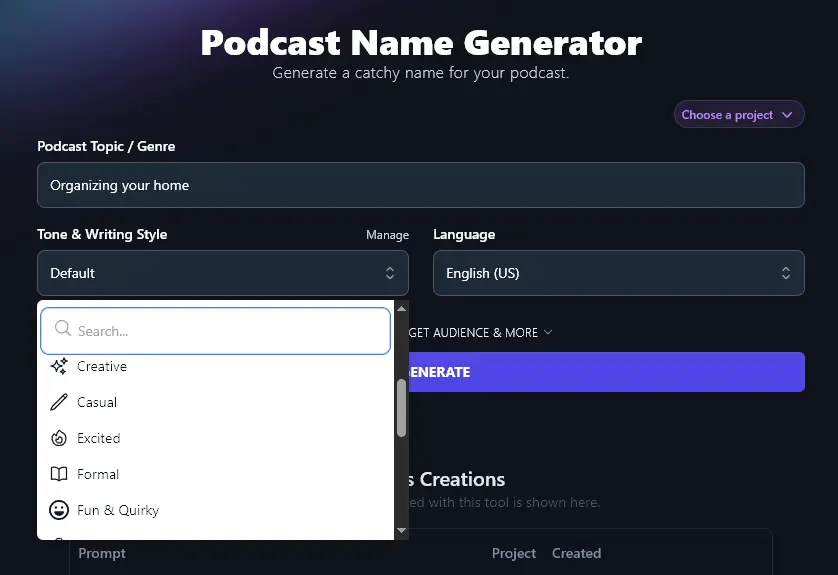 Choosing a Tone & Writing Style in the Podcast Name Generator