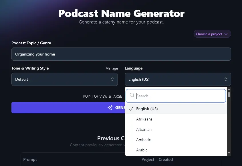 Selecting a Language for the Podcast Name Generator Tool