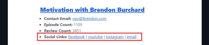The Social Media Profile Links for a Podcast Listed by the Podcast Opportunity Tool