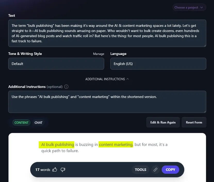 Incorporating Keywords in Your Shortened Text by Giving the AI Additional Instructions
