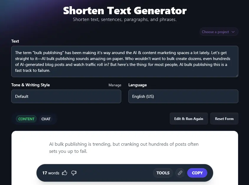 A Shortened Version of the Text Created by the AI Shorten Text Tool