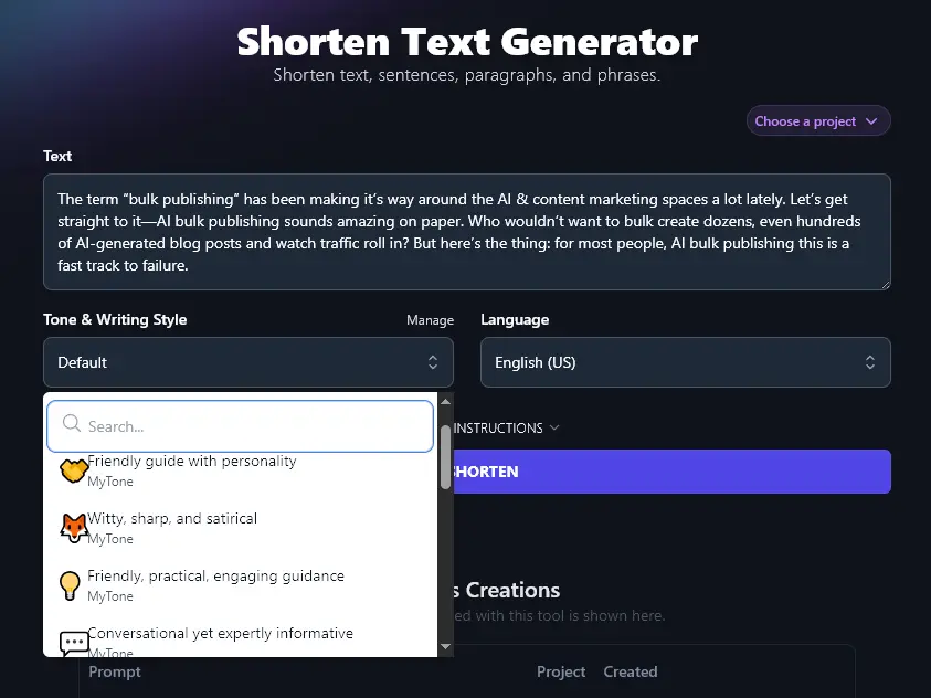 Using Custom MyTones With the AI Shorten Text Generator