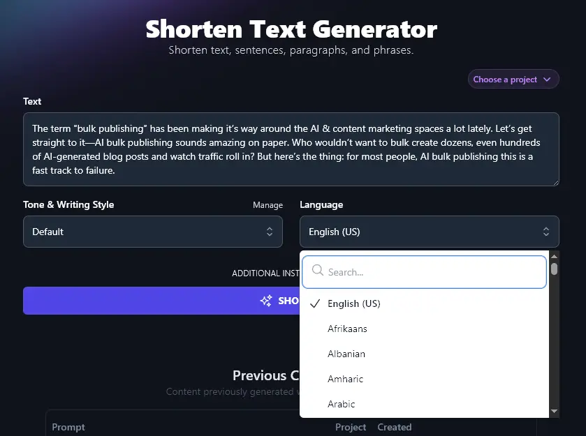 Selecting a Language to Use for the AI Shorten Text Tool