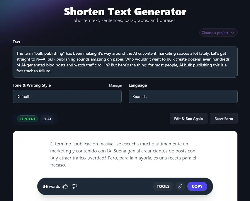 Shortening a Text into Spanish Using the AI Shorten Text Generator