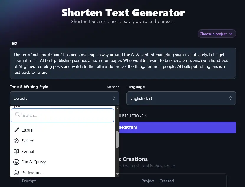 Choosing a Tone & Writing Style for the AI Shorten Text Tool