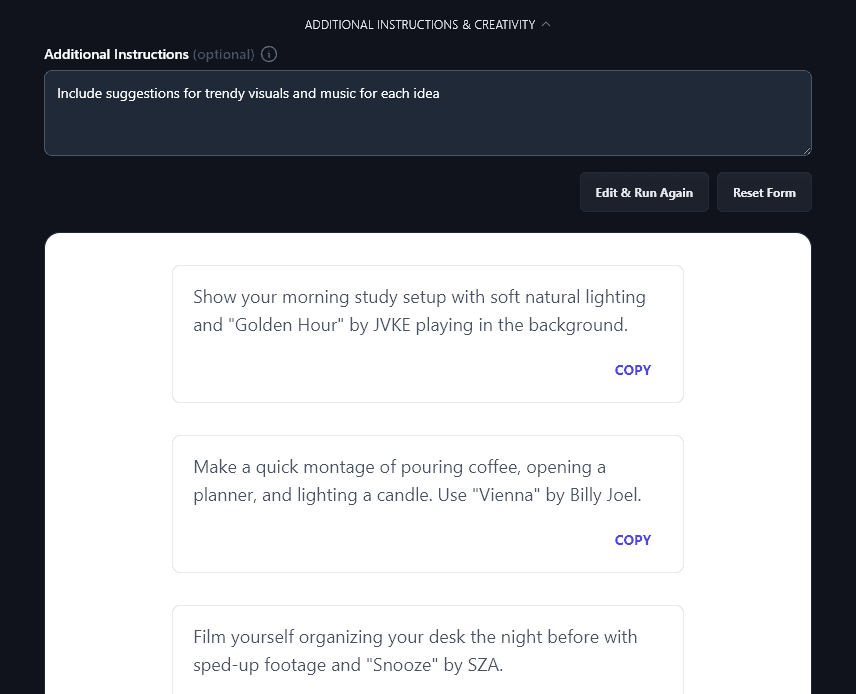 The AI Taking Into Account the Additional Instructions for the TikTok Video Ideas