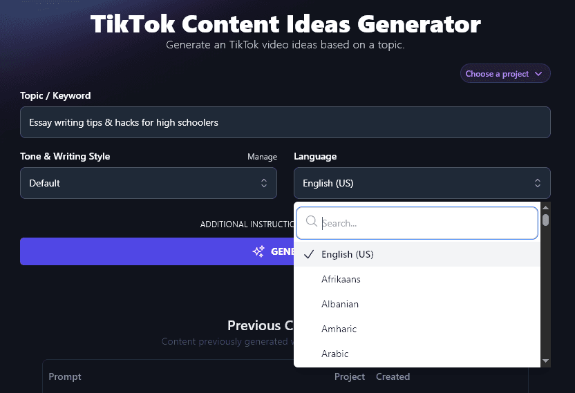 Choosing a Language For the TikTok Content Ideas Generator