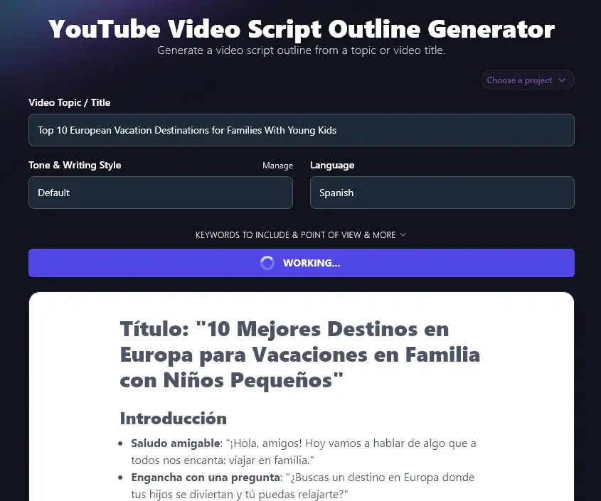 Creating a Script Outline in Spanish Using the AI YouTube Script Outline Generator