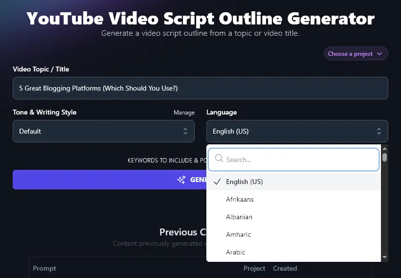 Selecting the Language for the AI YouTube Outline Generator