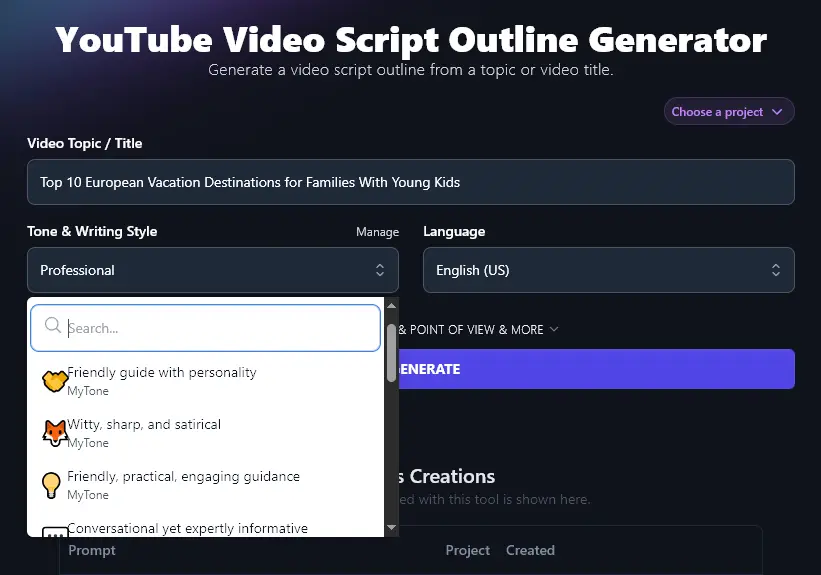 Selecting a Custom MyTone in the AI YouTube Script Outline Generator