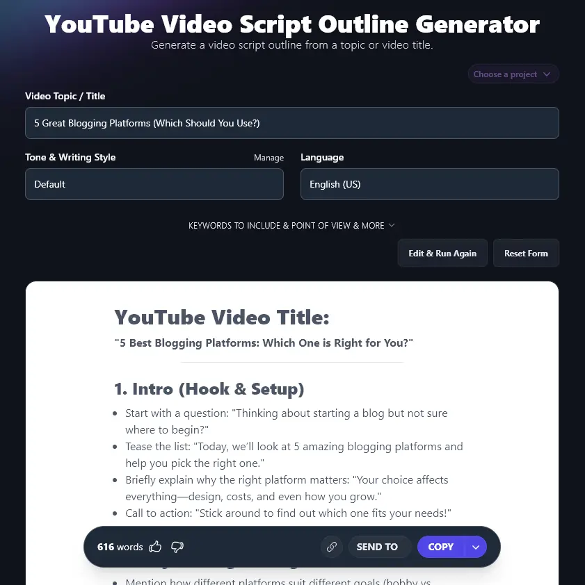 The Start of the Outline Created by the AI YouTube Script Outline Generator