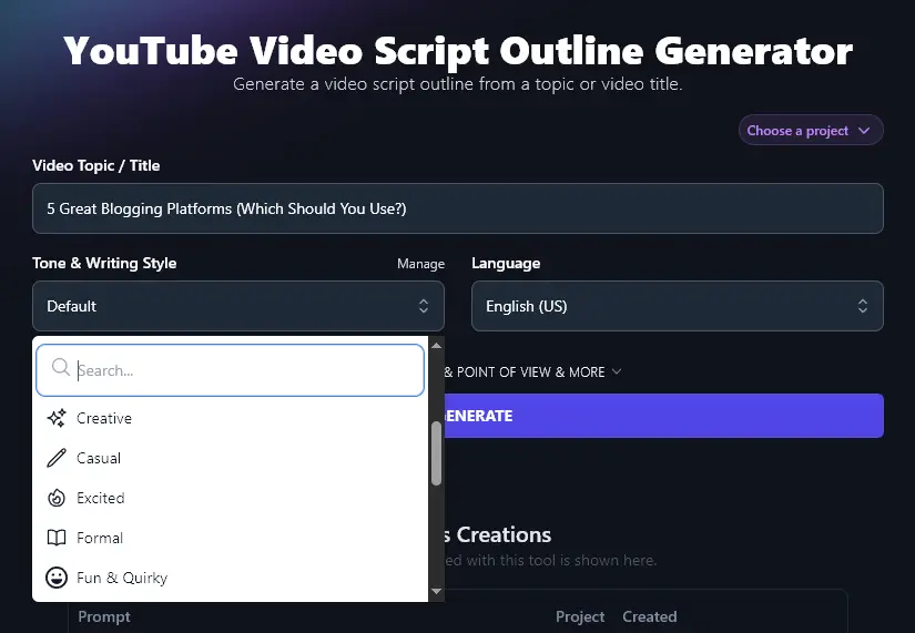 Selecting a Tone & Writing Style for the AI YouTube Outline Generator