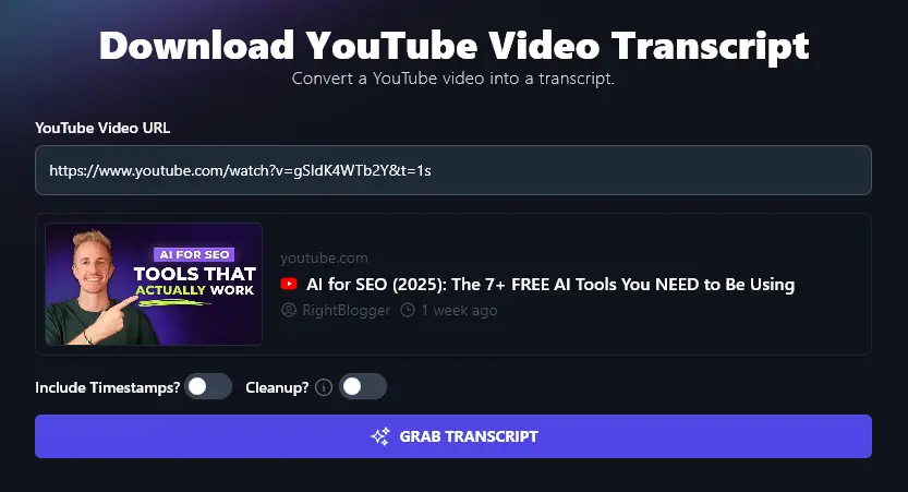 Entering the URL of Your YouTube Video Into the YouTube Transcript Generator