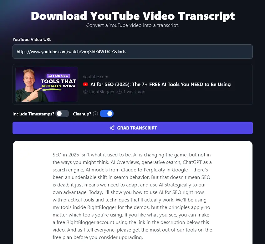 An Example of a Downloaded and Cleaned Up YouTube Transcript (Without Timestamps) Produced By the YouTube Transcript Generator