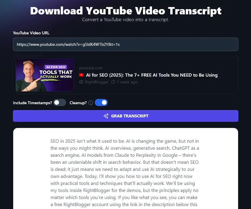 The YouTube Transcript Download Tool Giving the Transcript Without Timestamps But With the Text Cleaned Up for Easy Reading