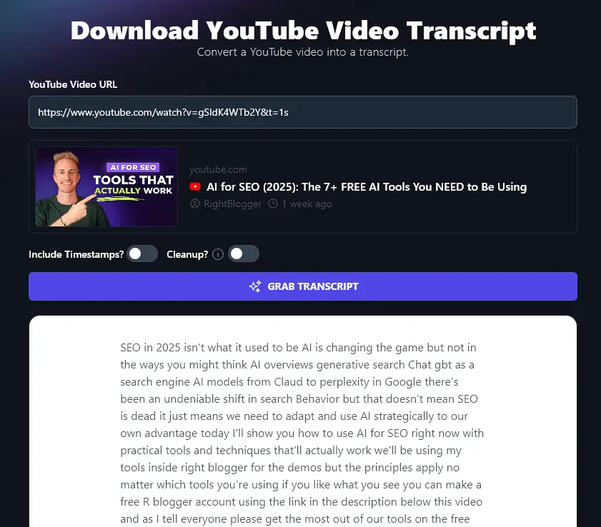 The YouTube Transcript Download Tool Giving the Transcript Without Any Cleanup (and No Timestamps)