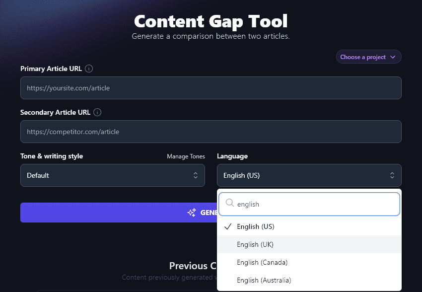 Choosing a Different Variety of English to Use in the Content Gap Tool's Report