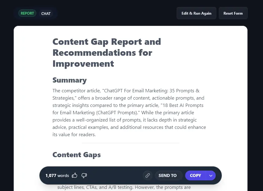 The Content Gap Report With Recommendations, Automatically Produced by the RightBlogger AI