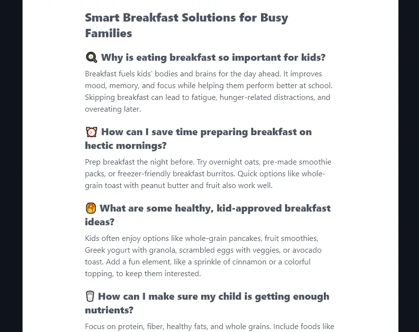 A List of Questions and Answers from the FAQ Generator Tool That Use Emjois in Each of the Question Headers