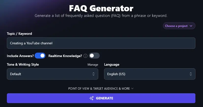 Entering a Topic/Keyword Into the AI FAQ Generator Tool