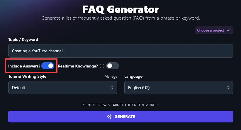 Selecting Whether the AI FAQ Generator Tool Should Generate Answers or Just Questions