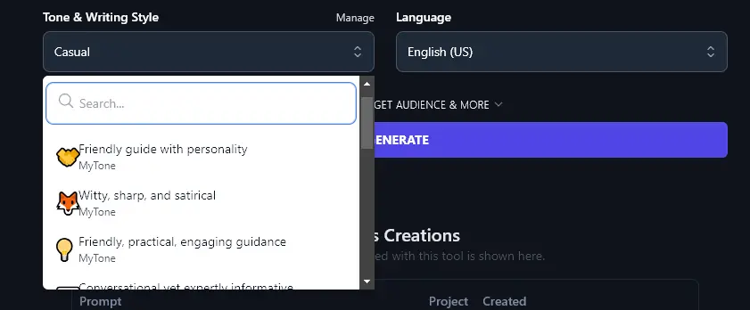 Choosing a Custom MyTone from the Tone & Writing Style Dropdown