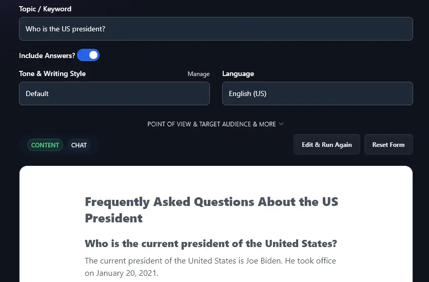 An Example of the AI FAQ Generator Not Incorporating Realtime Knowledge and Stating that Joe Biden is the US President
