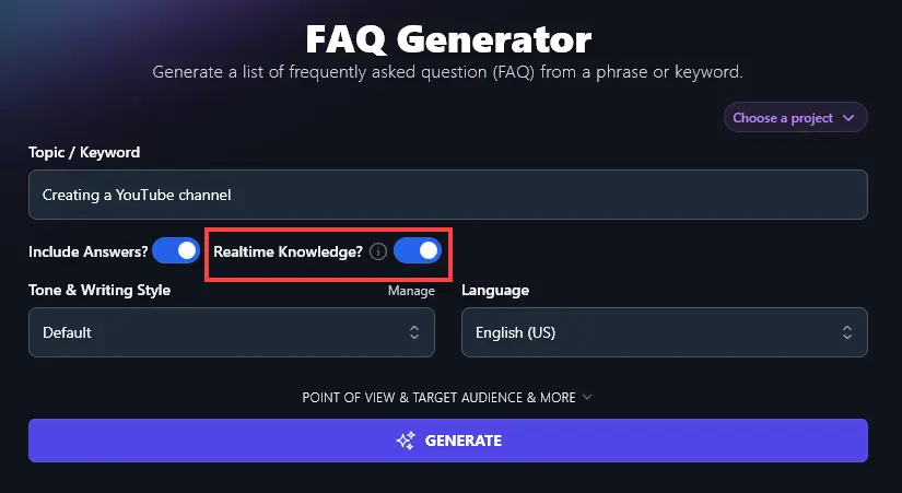 Selecting Whether the AI FAQ Generator Tool Should Use Realtime Knowledge When Coming Up With Questions and Answers