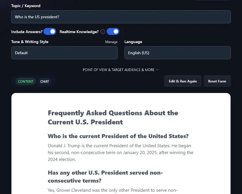 An Example of the AI FAQ Generator Incorporating Realtime Knowledge and Correctly Stating That Donald Trump is the US President