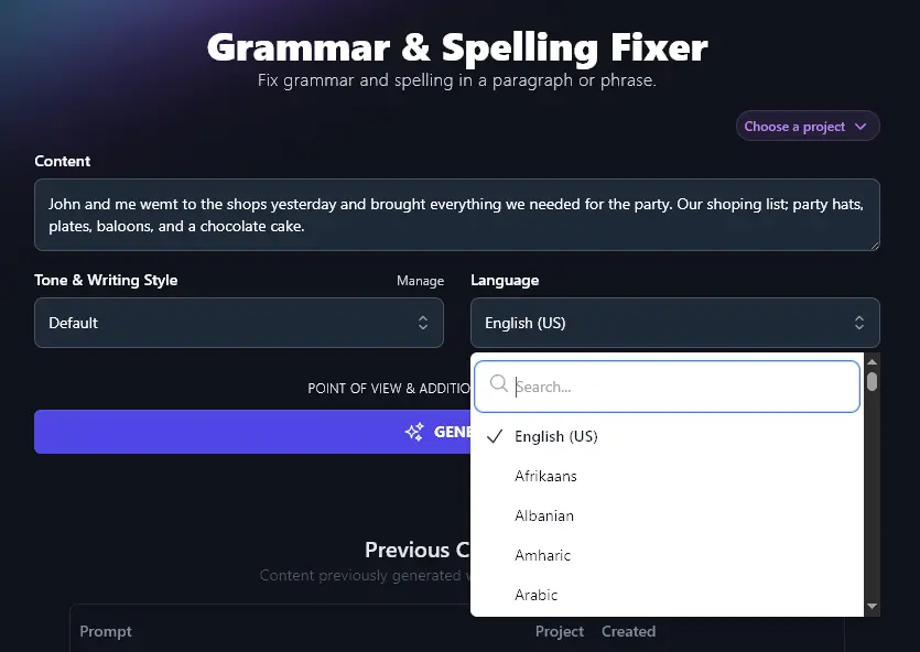 Selecting a Language to Use With the Grammar and Spelling Fixer