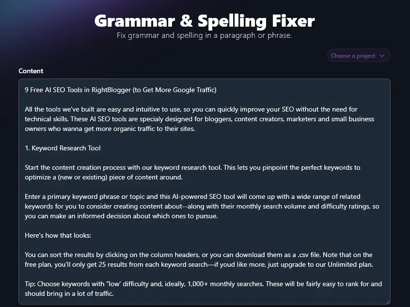 Pasting a Long Piece of Text Into the Grammar Checker