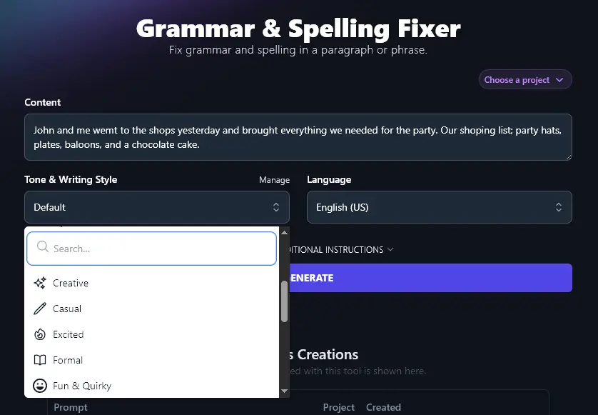 Selecting a Tone & Writing Style in the Grammar and Spelling Fixer