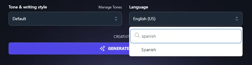 Searching for Spanish in the Language Dropdown for the AI-Powered Image Caption Generator