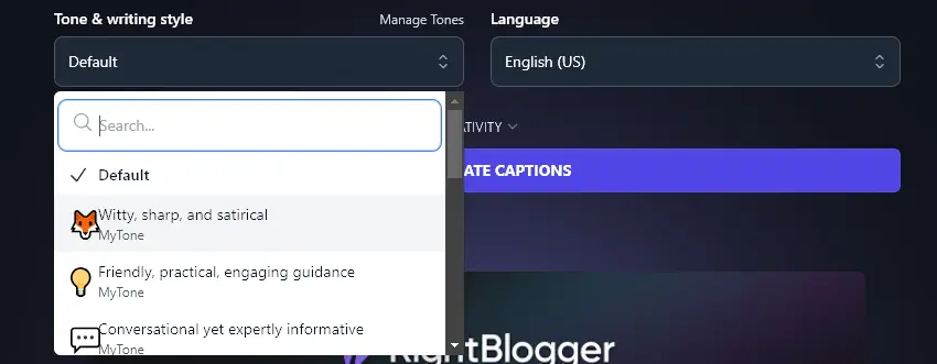 Choosing a Custom MyTone Using the Image Caption Generator's Tone & Writing Style Dropdown