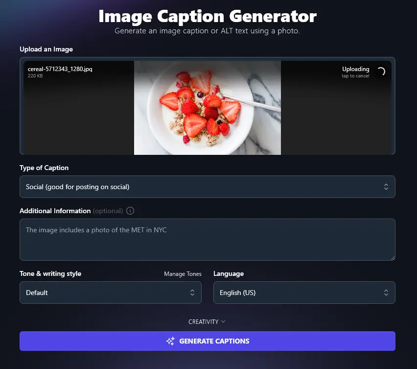 Uploading an Image to the AI Caption Generator