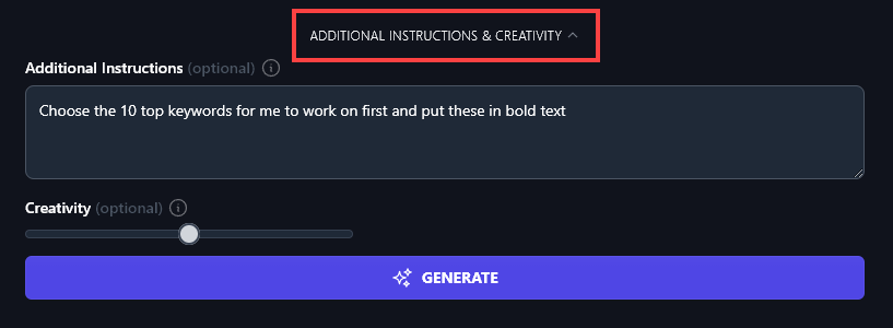 Entering Additional Instructions for the Keyword Cluster Tool