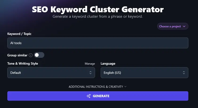 Entering a Keyword / Topic Into the SEO Keyword Cluster Generator