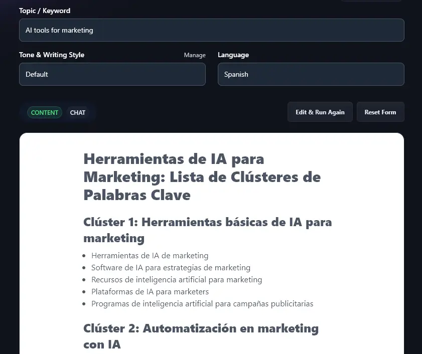 The Keyword Cluster Tool Producing Keywords in Spanish