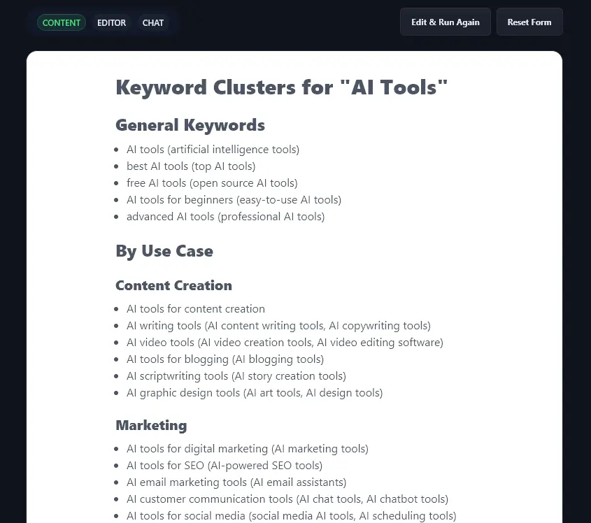 The Generated Keyword Clusters for the Term AI Tools, Shown in Sections With Similar Keywords Grouped Together