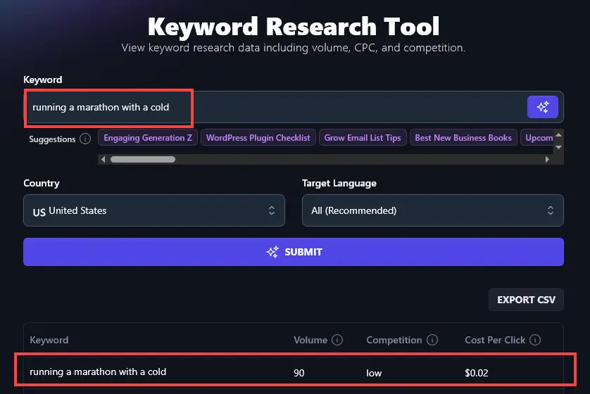 Running the Keyword Research Tool for Your Selected Keyword