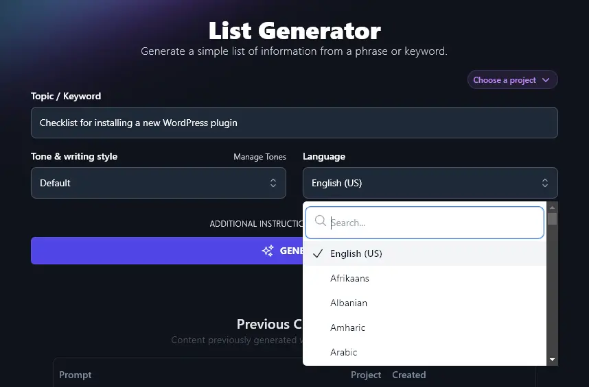 Changing the Language for the AI to Use in the RightBlogger List Tool