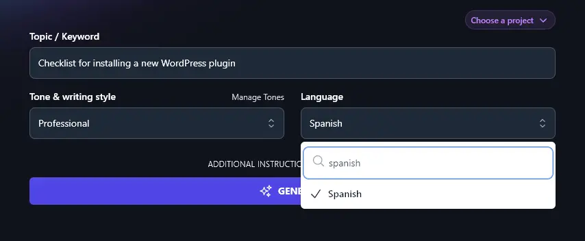 Using the Search Feature for the Language Dropdown in the RightBlogger AI List Generator